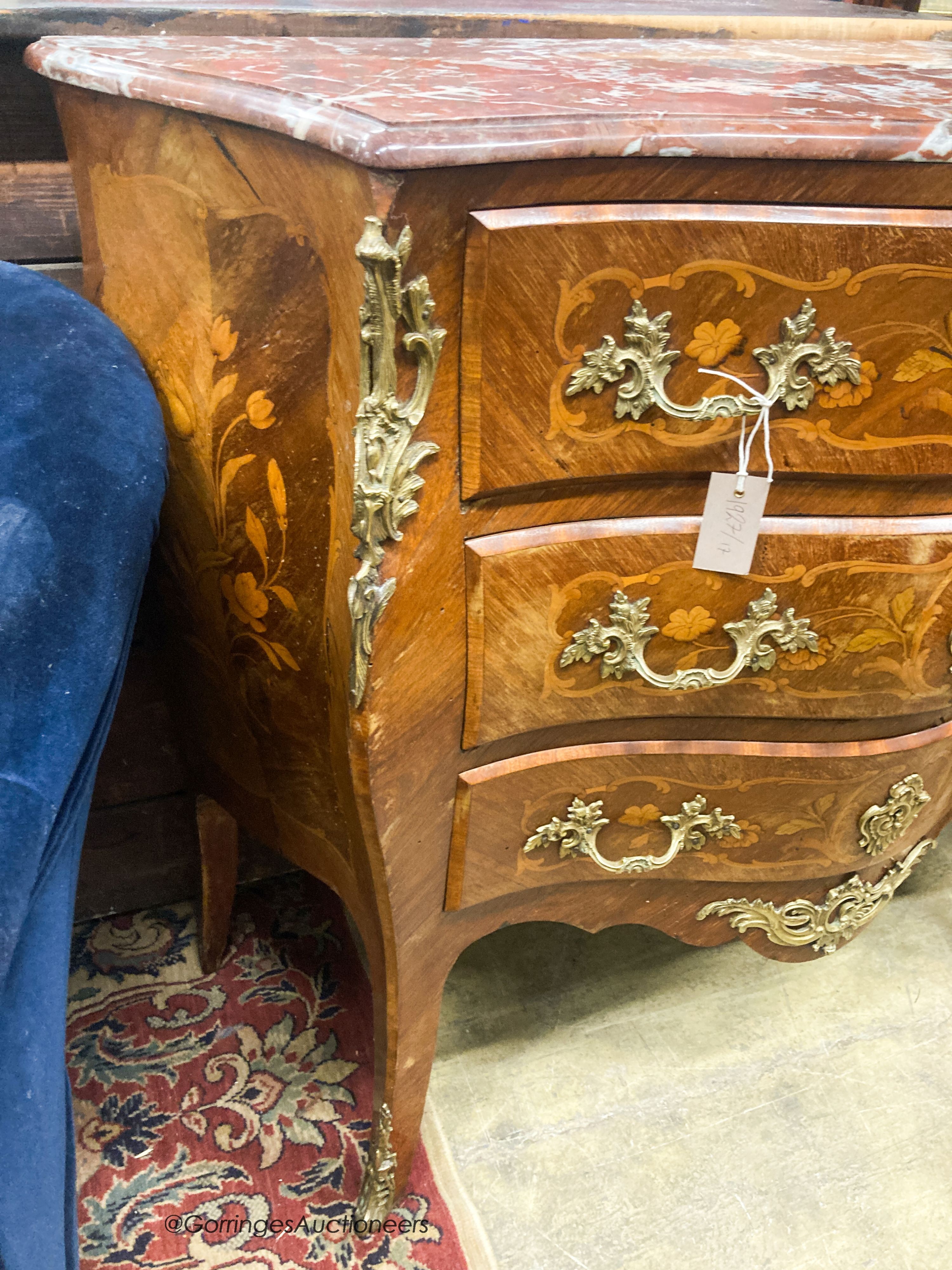 A Louis XV style marquetry inlaid marble top bombe commode, W.110cm D.45cm H.100cm